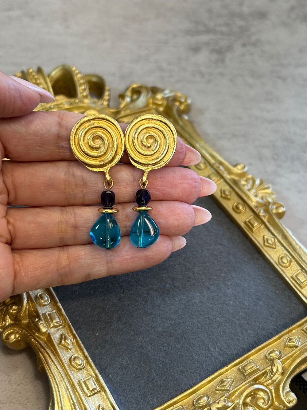 Gold Swirl Blue Glass Teardrop Dangle Clip On Earrings